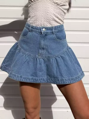 Denim ruffle mini skirt