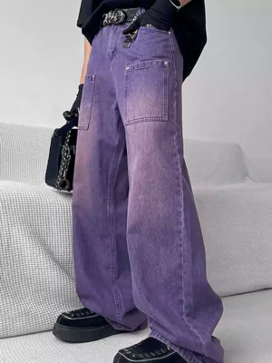 Purple denim overalls