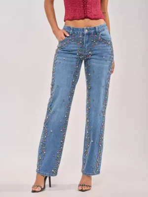 Rhinestone denim jeans women